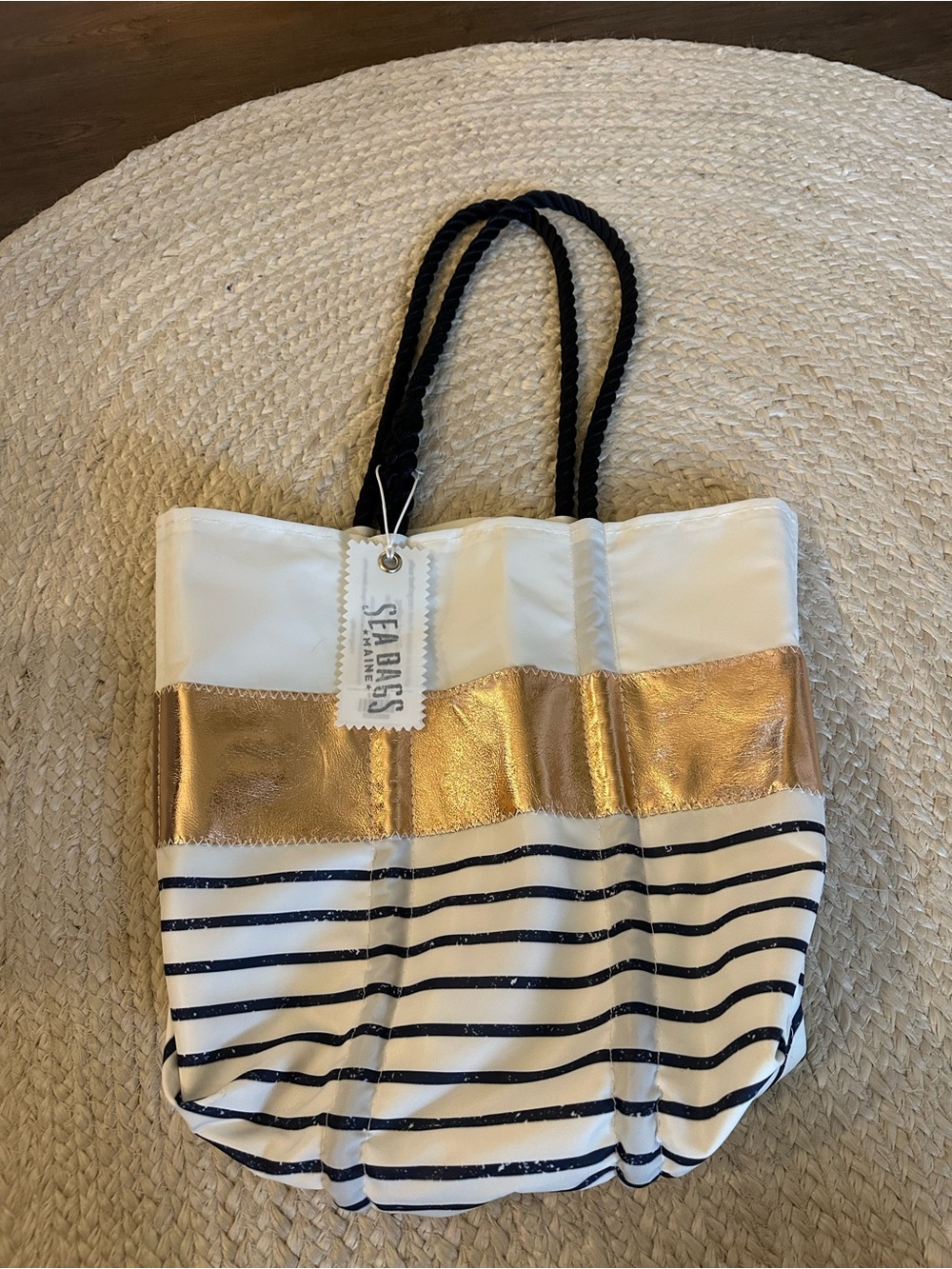 Striped White & Gold Rope-Handle Tote